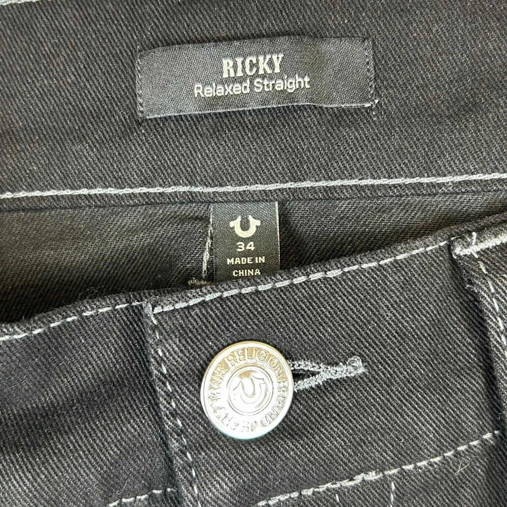 True Religion Ricky Relaxed Straight Black Contrast‎ Stitch Jeans Mens 36x29